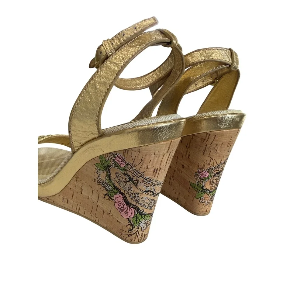 Coach Floral Cork Wedge Sandals‎ Gold Leather Chain Accent Ankle Strap Size 8B